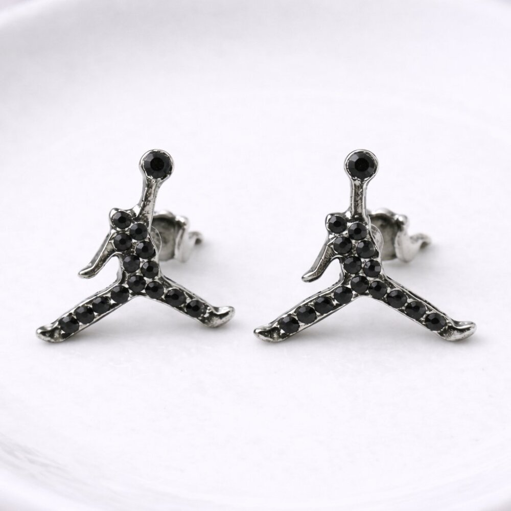 MICHAEL‎ JORDAN SILVER - PLATED PAIR STUD EARRINGS SILVER BLACK JUMPMAN JUMP MAN